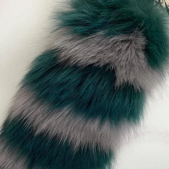 Charlotte Simone Gray & Teal FOX FUR Goody Gumdrops Striped Bag Charm Keychain - Picture 2 of 5